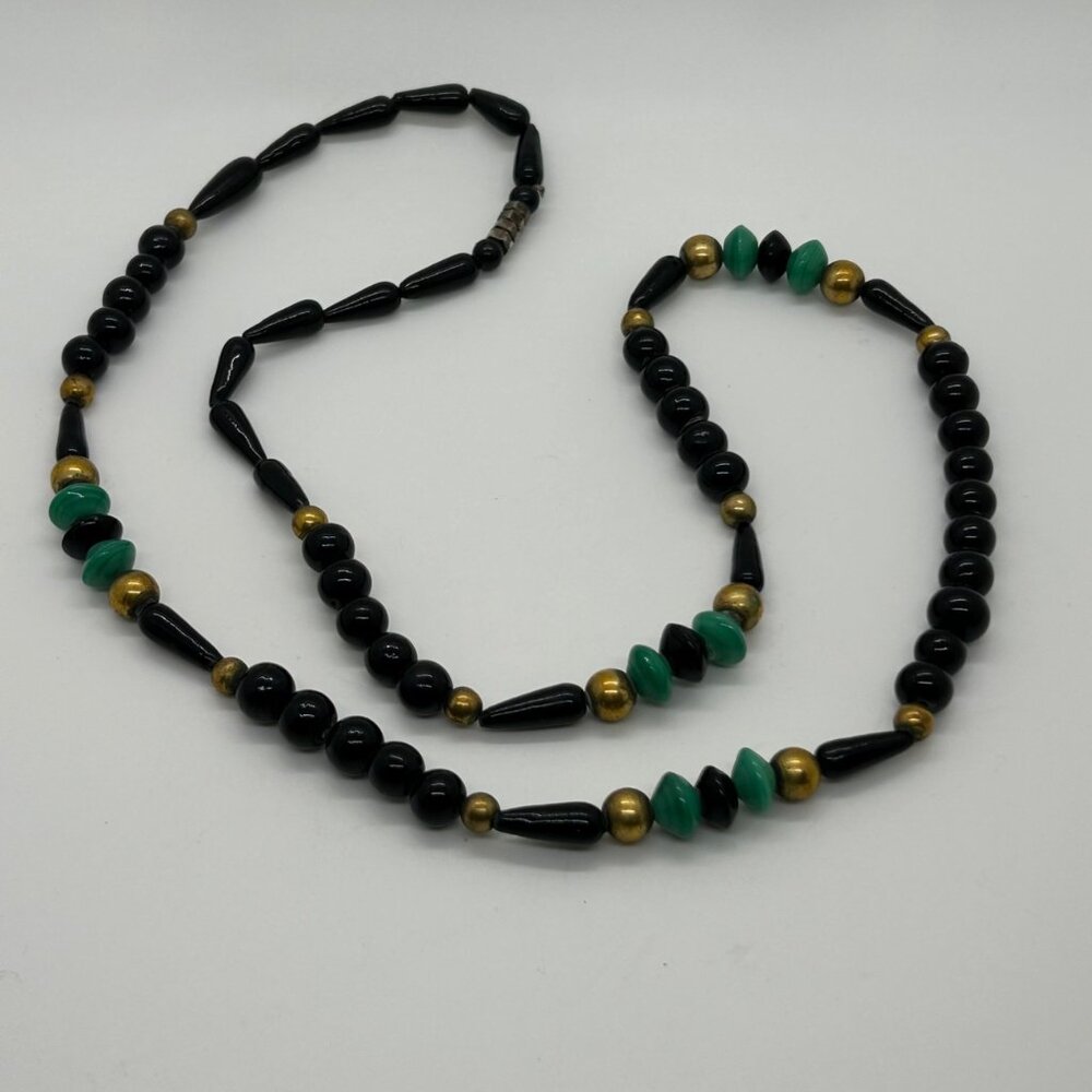 Vintage Glass Beaded Necklace Black Green Brass Accents Statement Long Art Deco - Picture 2 of 16